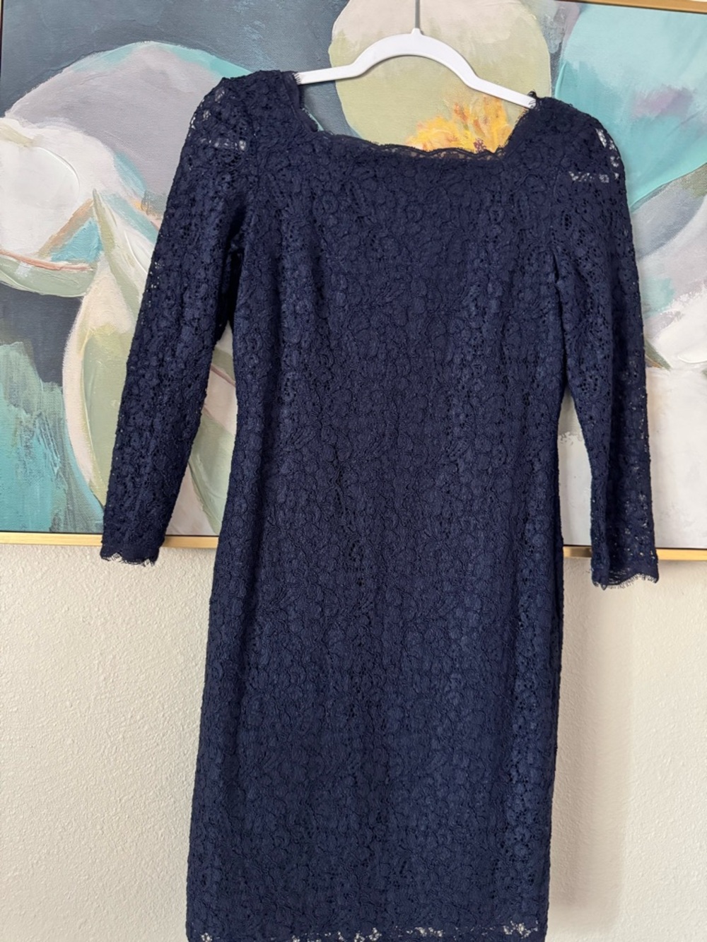 Adrianna Papell Navy Lace Sheath Dress with Three-Quarter Sleeves Size 4